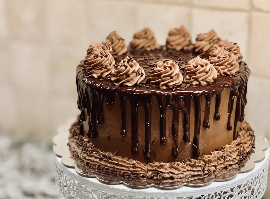 Chocolate dessert finished with swirls of icing
